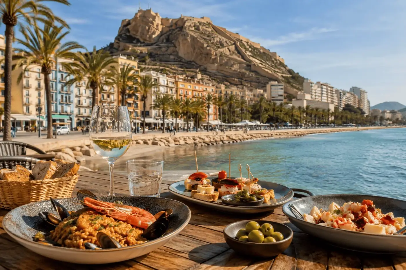 nabrzeże Alicante z palmami i zamek Santa Bárbara