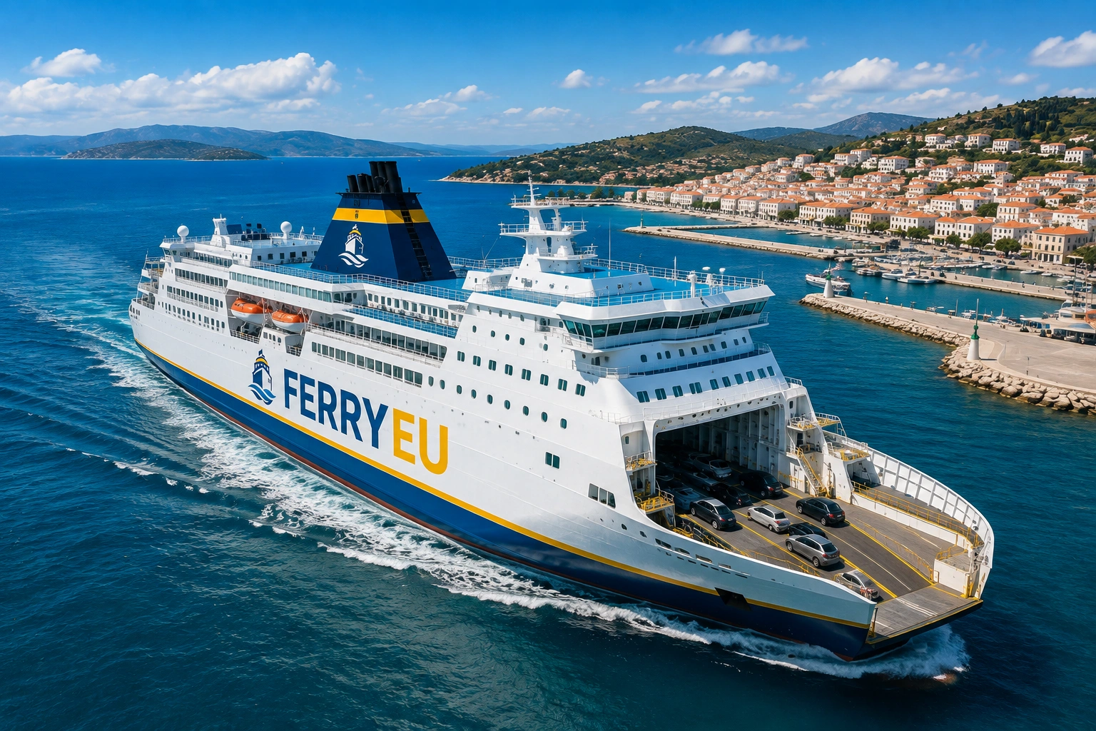 Prom pasażerski płynący obok europejskiego portu nadmorskiego