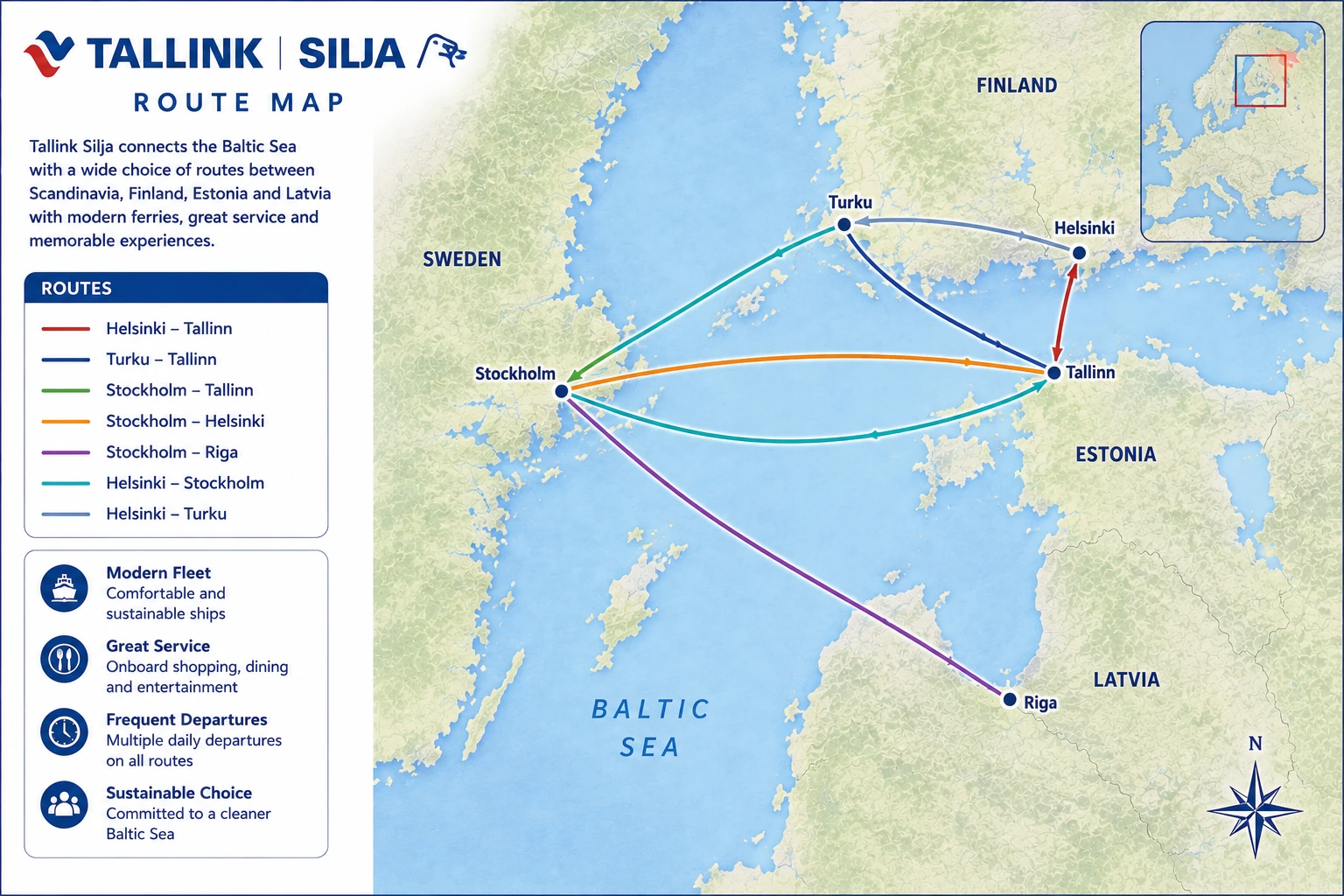 Ilustrowana mapa tras: Tallink Silja Line